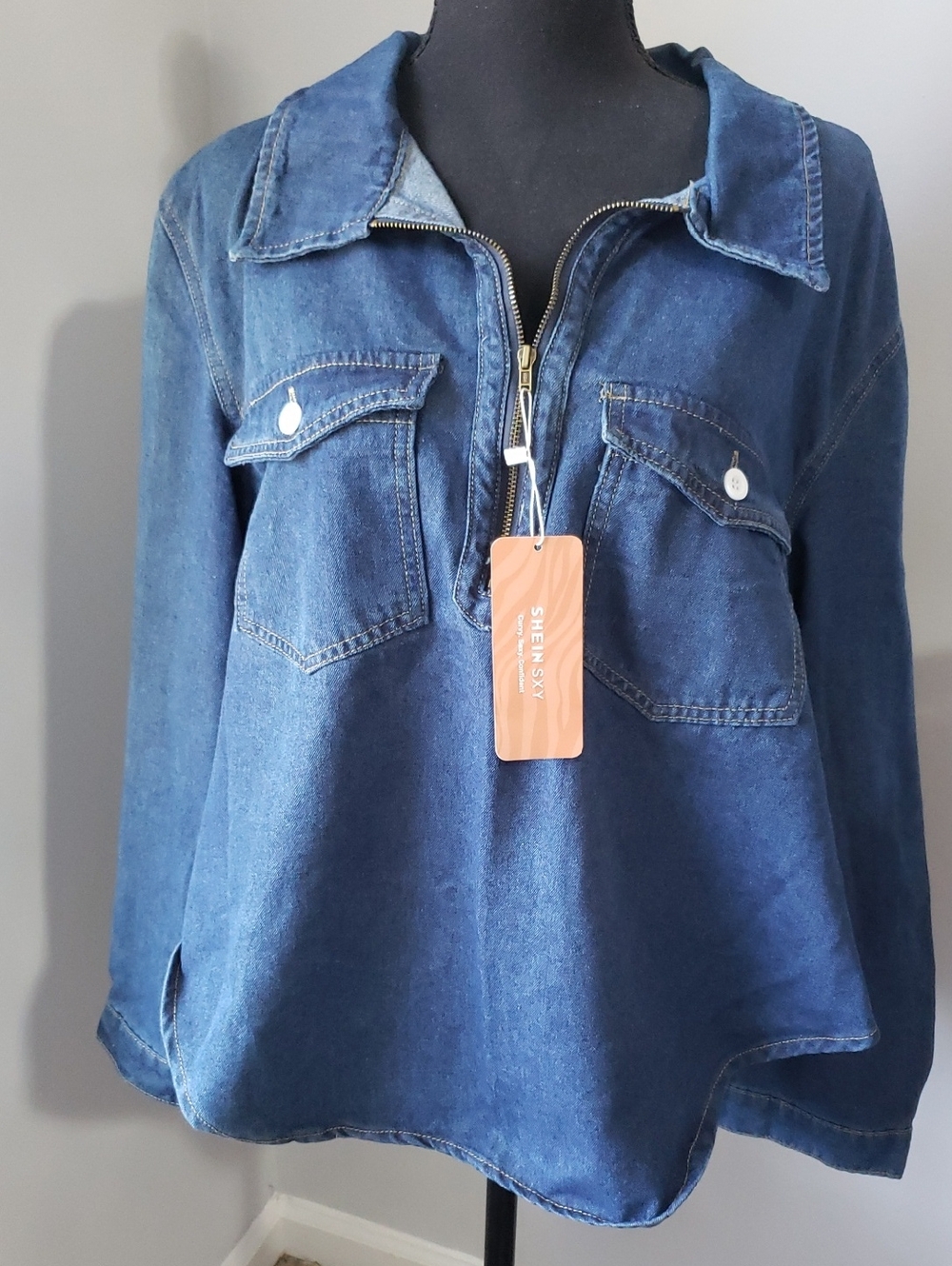 SHEIN Indigo Denim Half-Zip Pullover Shirt